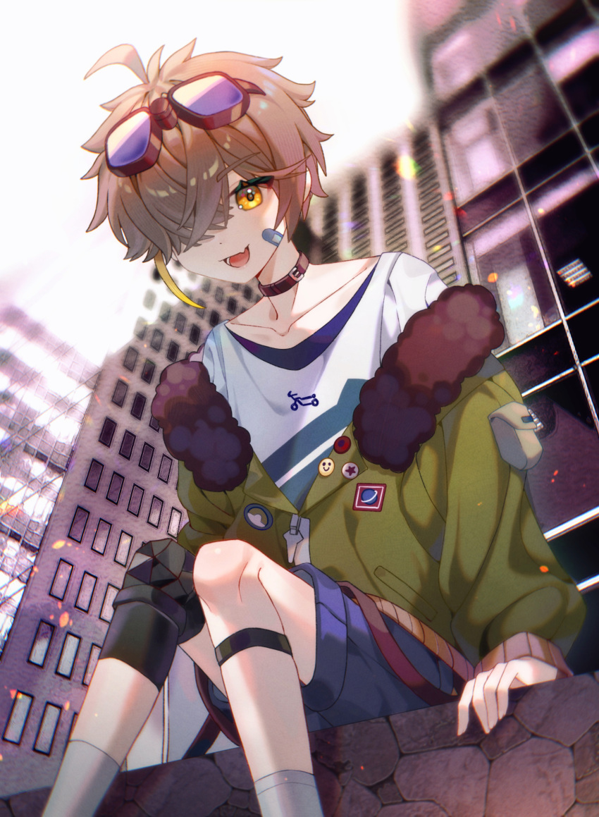 1boy ahoge bandaid bandaid_on_face building character_request child choker fang grey_hair highres jacket male_focus open_mouth outdoors rotaeno short_hair shorts sitting skin_fang skyscraper soleilray urban yellow_eyes