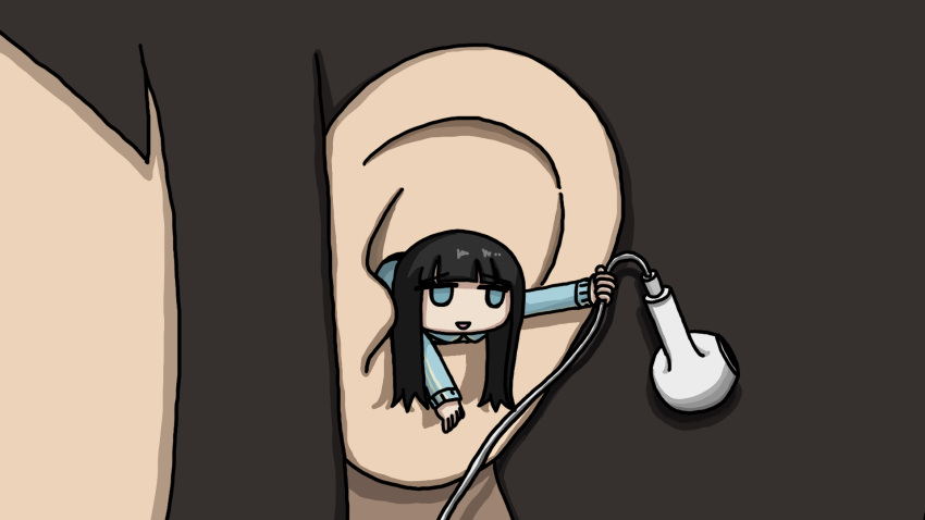 1girl 1other black_hair blue_eyes blue_jacket blunt_bangs close-up ear_focus earphones fuchina_(fucinami) funo-chan_(fuchina) highres holding holding_earphones jacket long_hair long_sleeves looking_at_viewer mini_person minigirl open_mouth original single_earphone_removed smile solid_eyes