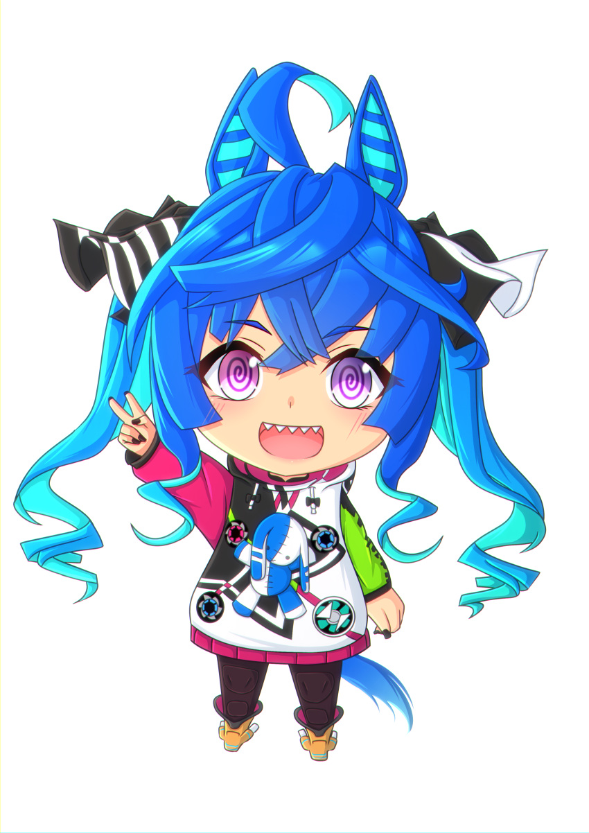 1girl 2-butani :d @_@ absurdres ahoge animal_ears aqua_hair arm_up black_nails blue_eyes blue_hair boots bow brown_pantyhose character_name chibi clothes_writing commentary_request crossed_bangs curled_fingers drawstring full_body hair_bow heterochromia highres hood hoodie horse_ears horse_girl horse_tail leg_up long_hair long_sleeves looking_at_viewer multicolored_clothes multicolored_hair multicolored_hoodie outstretched_arm pantyhose sharp_teeth sidelocks simple_background smile solo standing standing_on_one_leg striped striped_bow stuffed_animal stuffed_rabbit stuffed_toy tail teeth twin_turbo_(umamusume) twintails two-tone_hair umamusume upper_teeth_only v violet_eyes white_background yellow_footwear