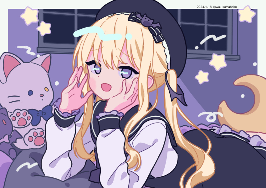 1girl :d beret black_dress black_headwear black_sailor_collar blonde_hair commentary_request crescent dated dress hair_between_eyes hands_up hat long_hair long_sleeves looking_at_viewer lying neki_(wakiko) on_stomach pillow puffy_long_sleeves puffy_sleeves re:act sailor_collar sailor_dress shirt sidelocks sleeveless sleeveless_dress sleeves_past_wrists smile solo star_(symbol) stuffed_animal stuffed_cat stuffed_toy tsukushi_aria twintails twitter_username very_long_hair violet_eyes virtual_youtuber white_shirt window