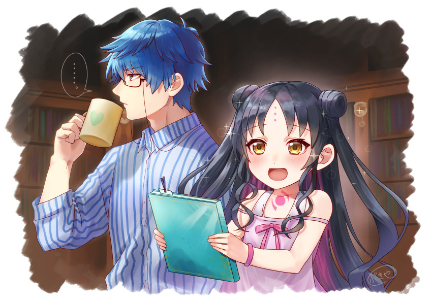 ... 1boy 1girl absurdres artist_name babydoll black-framed_eyewear black_hair blue_eyes blue_hair blue_shirt blush book bookshelf border bukiya_(weaponman) chest_tattoo child closed_mouth collared_shirt commentary cup double_bun dress_swimsuit eyewear_strap fate/grand_order fate_(series) forehead_tattoo glasses hair_bun hand_up hans_christian_andersen_(adult)_(fate) hans_christian_andersen_(fate) heart heart_print highres holding holding_book holding_cup indoors long_hair long_sleeves looking_afar looking_at_object mug multicolored_hair one-piece_swimsuit open_mouth parted_bangs pink_babydoll pink_bracelet pink_hair pink_ribbon print_mug profile ribbon sessyoin_kiara sessyoin_kiara_(lily) shirt short_hair sidelocks signature smile speech_bubble spoken_ellipsis streaked_hair striped_clothes striped_shirt swimsuit tattoo two-tone_shirt upper_body vertical-striped_clothes vertical-striped_shirt wavy_hair white_border white_one-piece_swimsuit white_shirt yellow_eyes