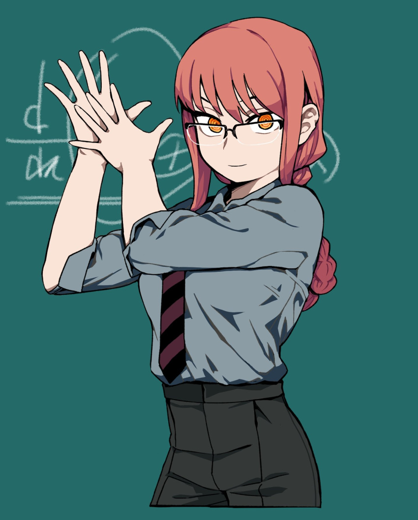 1girl black-framed_eyewear black_pants blue_shirt braid braided_ponytail chainsaw_man chalkboard closed_mouth collared_shirt cropped_legs glasses green_background grey_shirt hands_up highres long_hair looking_at_viewer makima_(chainsaw_man) math necktie orange_eyes over-rim_eyewear own_hands_together pants photo-referenced ringed_eyes semi-rimless_eyewear shirt shirt_tucked_in simple_background single_braid sleeves_past_elbows smile solo soo05120512 striped_necktie