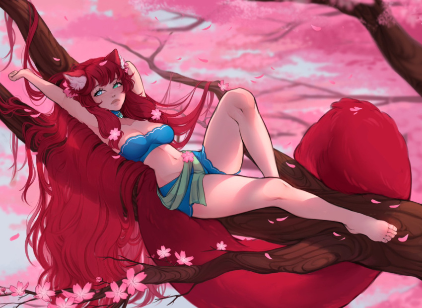 1girl animal_ear_fluff animal_ears barefoot blue_choker blue_eyes blue_shorts breasts cherry_blossoms cherry_tree choker commentary commission english_commentary flower green_eyes green_sash hair_flower hair_ornament heterochromia highres in_tree indie_virtual_youtuber long_hair lying madyaxx medium_breasts midriff narrow_waist petals reclining red_panda_ears red_panda_girl red_panda_tail redhead sash second-party_source shorts solo stretching tail toes tree very_long_hair very_long_tail yukumabear