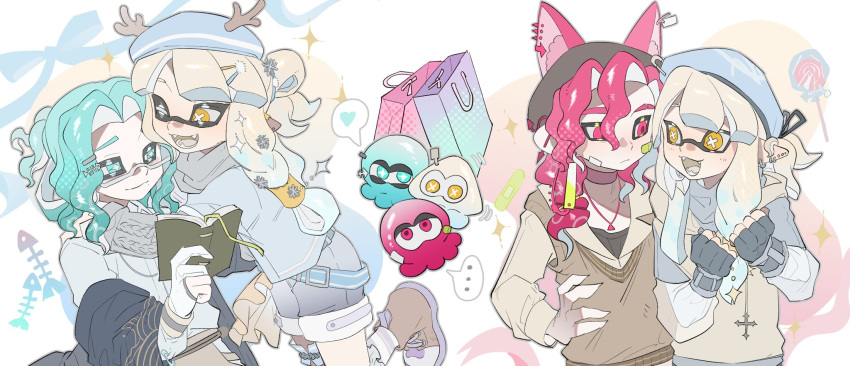 ... 1girl 2boys bag blue_hair blue_headwear book bright_pupils choker clenched_hand closed_mouth collarbone cross eyebrow_cut gloves grey_scarf grey_shorts hair_between_eyes hair_ornament hairclip hand_on_own_hip heart highres holding holding_book inkling inkling_girl kiwi_splatoon long_hair medium_hair multiple_boys multiple_views octoling octoling_boy octopus one_eye_closed open_mouth pink_choker pink_eyes pink_hair pointy_ears scarf shopping_bag shorts smile sparkle splatoon_(series) spoken_ellipsis spoken_heart squid star-shaped_pupils star_(symbol) symbol-shaped_pupils teeth tentacle_hair wavy_mouth white_background white_gloves white_hair white_pupils yellow_eyes