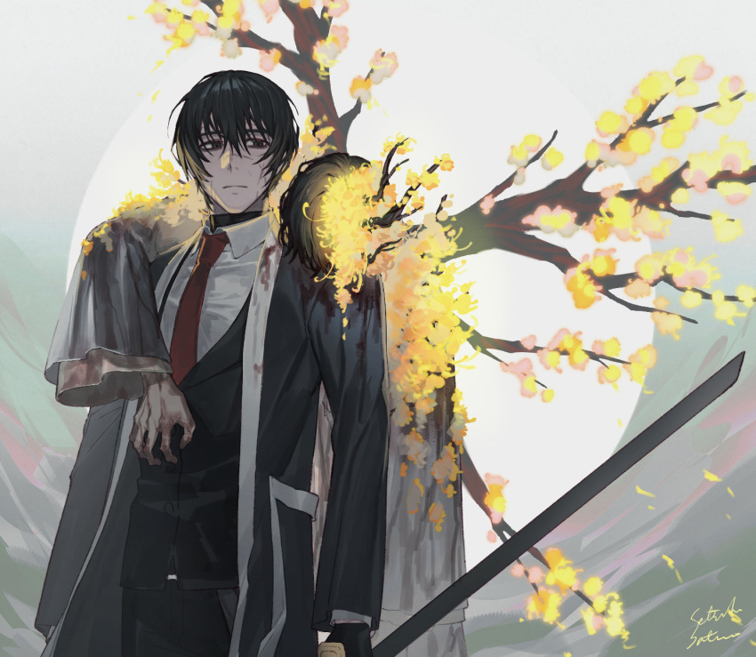 2boys black_eyes black_gloves black_hair black_kimono black_vest blood blood_on_clothes blood_on_face branch closed_mouth collared_shirt dual_persona e.g.o_(project_moon) flower gloves hair_flower hair_ornament hanbok highres japanese_clothes kimono korean_clothes limbus_company long_sleeves looking_to_the_side moon multiple_boys necktie open_clothes open_kimono project_moon red_necktie satome_setsuko shirt vest white_shirt wings yellow_flower yi_sang_(project_moon)