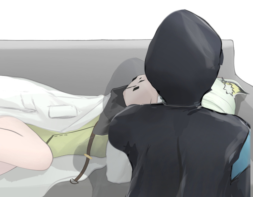 1girl 1other animal_ear_fluff animal_ears arknights bare_shoulders couch doctor_(arknights) dress feet_out_of_frame green_dress green_hair highres jacket kal'tsit_(arknights) lying mebe_(teadia_violet) off-shoulder_jacket off_shoulder on_couch on_side pillow simple_background white_background white_jacket