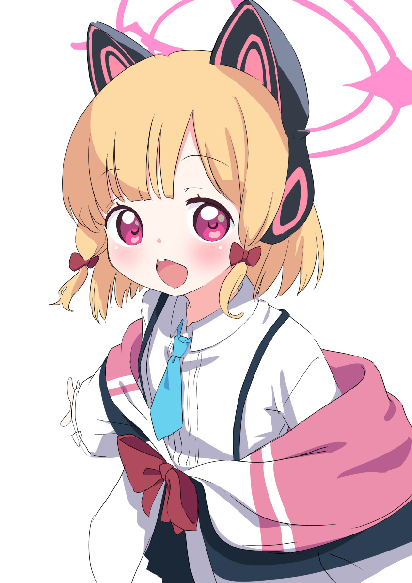 1girl absurdres animal_ear_headphones animal_ears black_skirt blonde_hair blue_archive blue_necktie blush bow collared_shirt fake_animal_ears hair_bow halo headphones highres jacket long_sleeves looking_at_viewer momoi_(blue_archive) necktie open_mouth pink_halo pleated_skirt red_bow red_eyes shirt short_hair simple_background skirt smile solo tamura-chan white_background white_jacket white_shirt