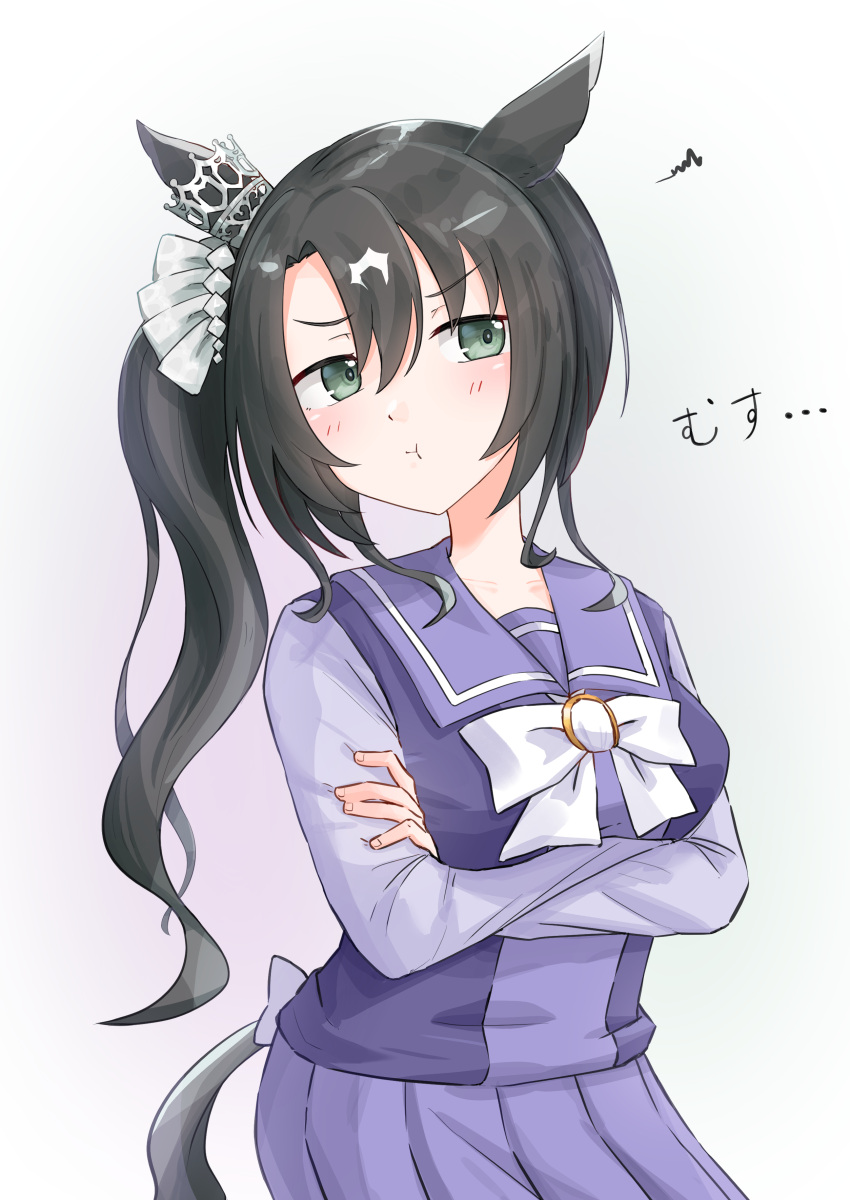 1girl absurdres animal_ears black_hair blush breasts closed_mouth crossed_arms green_eyes hair_ornament highres horse_ears horse_girl horse_tail long_hair looking_at_viewer matsuba_mattsu medium_breasts pout satono_crown_(umamusume) school_uniform simple_background solo tail tracen_school_uniform umamusume white_background