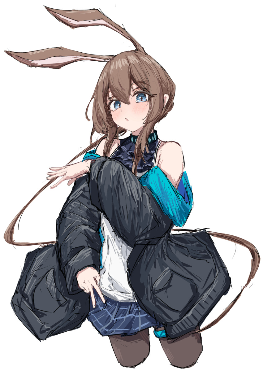 1girl :o absurdres amiya_(arknights) animal_ears arknights ascot bare_shoulders black_jacket blue_ascot blue_collar blue_eyes blue_skirt brown_hair brown_pantyhose collar commentary cowboy_shot extra_ears floating_clothes hair_between_eyes hand_up highres infection_monitor_(arknights) jacket legs_apart light_blush long_hair long_sleeves looking_at_viewer miniskirt off_shoulder open_clothes open_jacket outstretched_hand pantyhose parted_lips plaid plaid_skirt pocket ponytail rabbit_ears rabbit_girl raised_eyebrows shadow sidelocks simple_background skirt sleeveless sleeveless_sweater solo standing sweater thighlet tobildesu v very_long_hair white_background white_sweater wide_sleeves