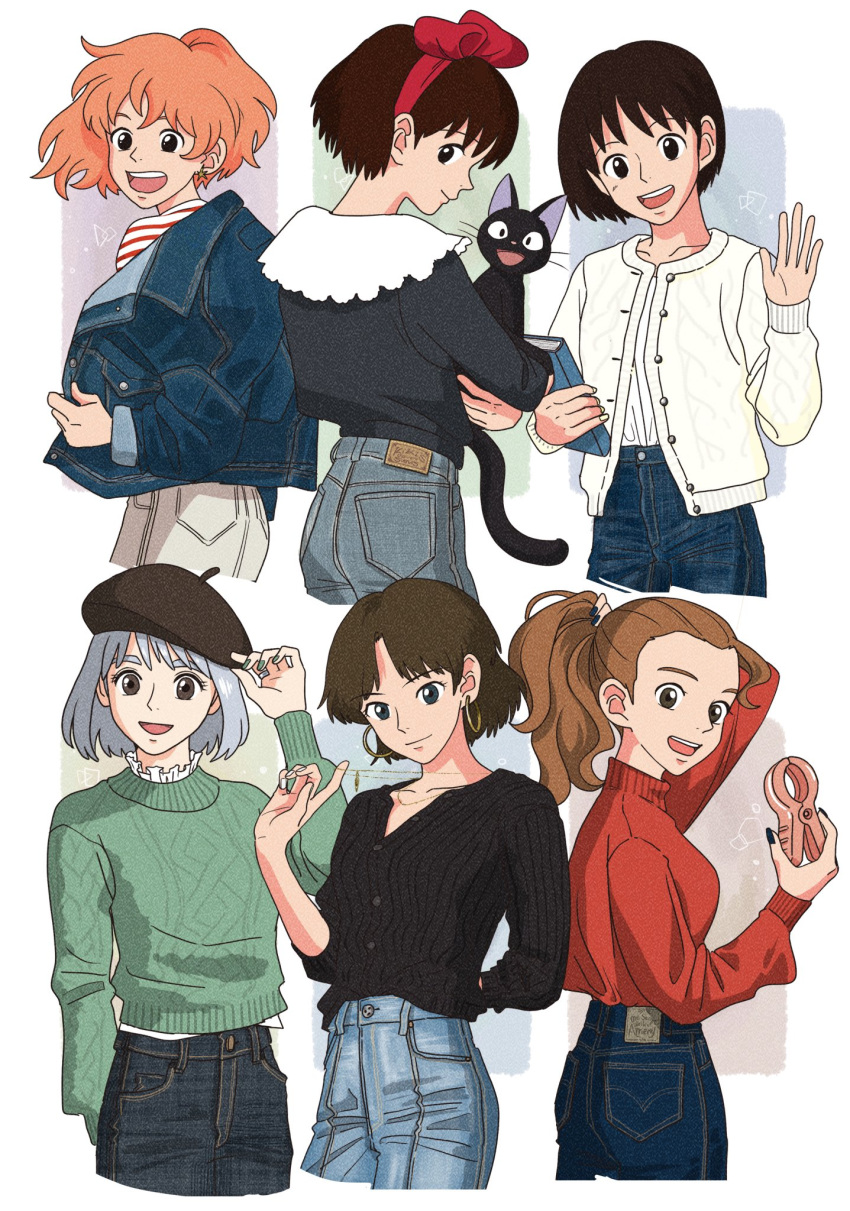 6+girls :d aged_up arm_behind_back arm_up arrietty black_nails blue_jacket blue_nails blue_pants blue_shirt bob_cut book breasts brown_eyes brown_hair brown_headwear cardigan casual character_request check_character check_copyright closed_mouth clothes_pin company_connection contemporary copyright_request cowboy_shot cropped_legs crossover denim denim_jacket earrings frilled_shirt_collar frills from_behind gake_no_ue_no_ponyo green_nails green_sweater grey_hair hair_pulled_back hand_on_headwear hand_up hat highres holding holding_book holding_hair hoop_earrings howl_no_ugoku_shiro index_finger_raised jacket jeans jewelry jiji_(majo_no_takkyuubin) karigurashi_no_arrietty kiki_(majo_no_takkyuubin) long_hair long_sleeves looking_at_viewer looking_back majo_no_takkyuubin mimi_wo_sumaseba mononoke_hime multiple_crossover multiple_girls nail_polish necklace open_mouth orange_hair pants partially_unbuttoned pendant pocket ponyo ponytail profile red_sweater rikaco1988 san_(mononoke_hime) shirt shirt_tucked_in short_hair sideways_glance simple_background sleeves_pushed_up smile sophie_(howl_no_ugoku_shiro) striped_clothes striped_shirt studio_ghibli sweater tsukishima_shizuku turtleneck turtleneck_sweater unbuttoned undressing waving white_background white_nails white_pants white_shirt