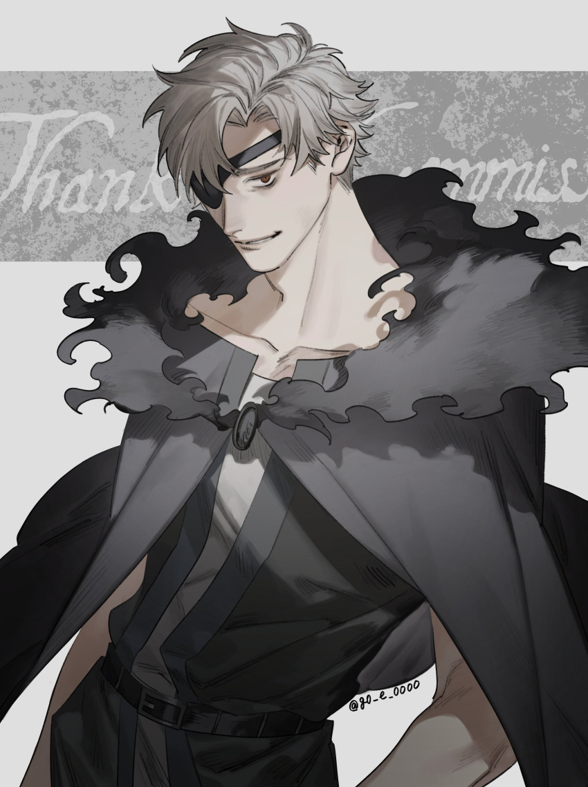 1boy absurdres arm_at_side artist_name asymmetrical_bangs asymmetrical_hair belt belt_buckle bishounen black_belt buckle cape closed_mouth collarbone commission cowboy_shot english_text eyepatch from_side fur_collar go_e_0000 grey_background grey_cape grey_tunic grin highres layered_clothes leaning_back looking_at_viewer male_focus nose original parted_lips red_eyes short_bangs short_hair simple_background skeb_commission smile solo standing teeth thank_you tunic two-tone_background white_hair
