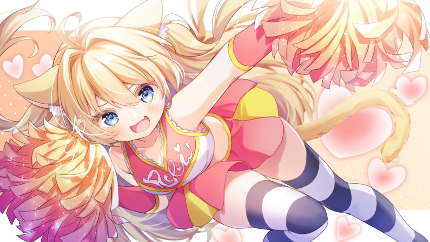 1girl animal_ear_fluff animal_ears blonde_hair blue_eyes breasts cat_ears cat_girl cat_tail cheerleader clothes_writing commission hair_intakes highres kisukekun leaning_forward leg_up long_hair looking_at_viewer midriff miniskirt open_mouth original pom_pom_(cheerleading) red_shirt red_skirt shirt skeb_commission skirt sleeveless sleeveless_shirt smile solo standing standing_on_one_leg striped_clothes striped_thighhighs tail thigh-highs thighs two-tone_shirt very_long_hair white_shirt zettai_ryouiki