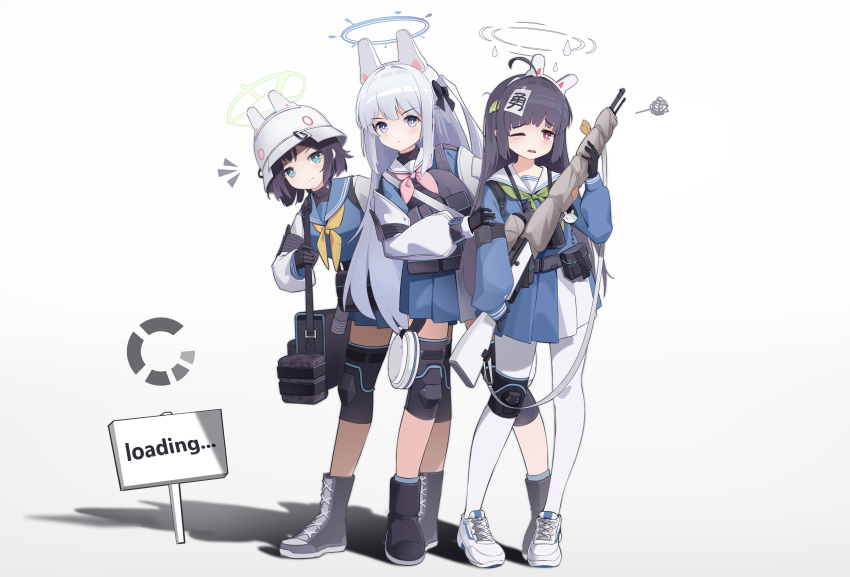 3girls absurdres animal_ears bag black_bow black_footwear black_gloves black_hair black_undershirt blue_archive blue_eyes blue_halo blue_sailor_collar blue_serafuku blue_skirt bolt_action boots bow bright_pupils carrying_bag closed_mouth combat_helmet commentary_request cross-laced_footwear fake_animal_ears gloves green_halo green_neckerchief gun halo helmet highres holding holding_bag jacket knee_pads leaf leaf_on_head loading_screen long_hair long_sleeves looking_at_viewer mcoco7 medium_hair miyako_(blue_archive) miyu_(blue_archive) mosin-nagant multicolored_clothes multicolored_jacket multicolored_skirt multiple_girls neckerchief notice_lines one_eye_closed open_mouth pantyhose pink_neckerchief plate_carrier pleated_skirt rabbit_ears rabbit_platoon_(blue_archive) rash_guard red_eyes rifle sailor_collar saki_(blue_archive) school_uniform serafuku shadow shoes sign simple_background single_knee_pad skirt sneakers two-tone_jacket violet_eyes weapon white_background white_footwear white_hair white_halo white_headwear white_helmet white_pantyhose white_pupils yellow_neckerchief