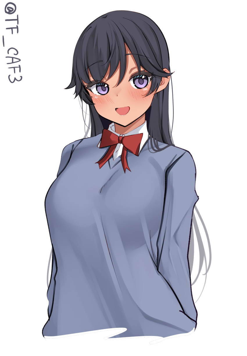 absurdres alternate_costume black_hair bow bowtie braid collared_shirt dress_shirt grey_sweater highres i-400_(kancolle) kantai_collection long_hair one-hour_drawing_challenge red_bow red_bowtie school_uniform shirt single_braid smile sweater tan tf_cafe twitter_username upper_body violet_eyes white_background white_shirt