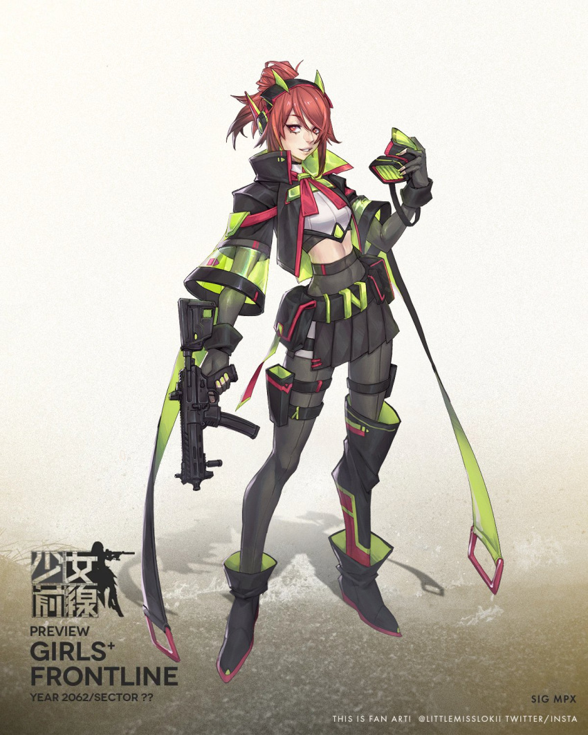 1girl asymmetrical_legwear black_skirt character_name copyright_name english_commentary fingerless_gloves full_body girls_frontline gloves gun headphones highres holding holding_gun holding_mask holding_weapon holster lokii mask midriff original parted_lips pleated_skirt red_eyes redhead sig_mpx sig_sauer skirt solo submachine_gun thigh_holster weapon
