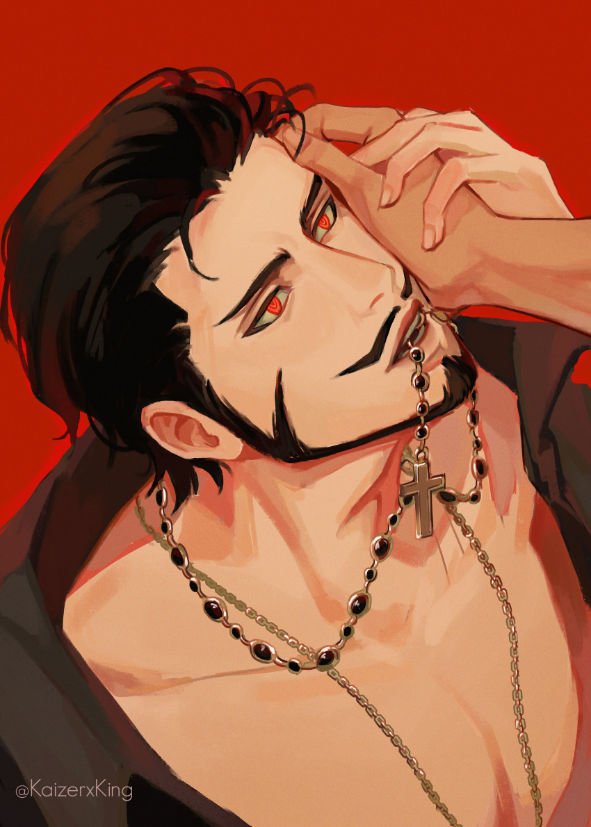 1boy absurdres beard black_hair cross cross_necklace dracule_mihawk faceless_other facial_hair highres jewelry kaizer_(kaizerxking) mustache necklace one_piece red_background red_eyes