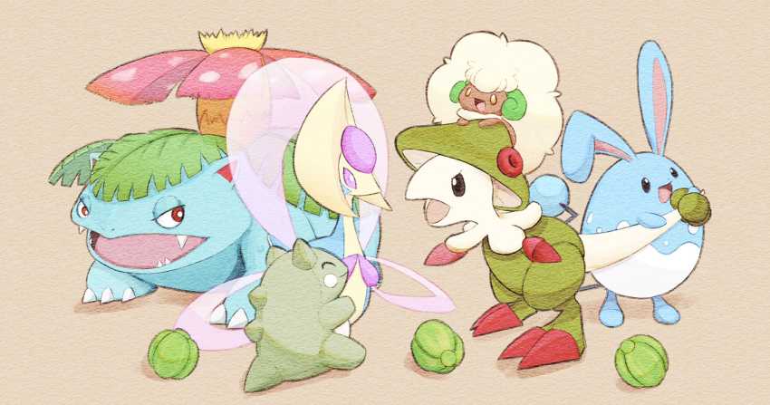 azumarill berry_(pokemon) black_eyes breloom bright_pupils brown_background brown_eyes claws commentary_request cresselia fangs fireblast highres no_humans open_mouth pink_eyes pokemon pokemon_(creature) red_eyes simple_background substitute_(pokemon) tail v-shaped_eyebrows venusaur whimsicott white_pupils