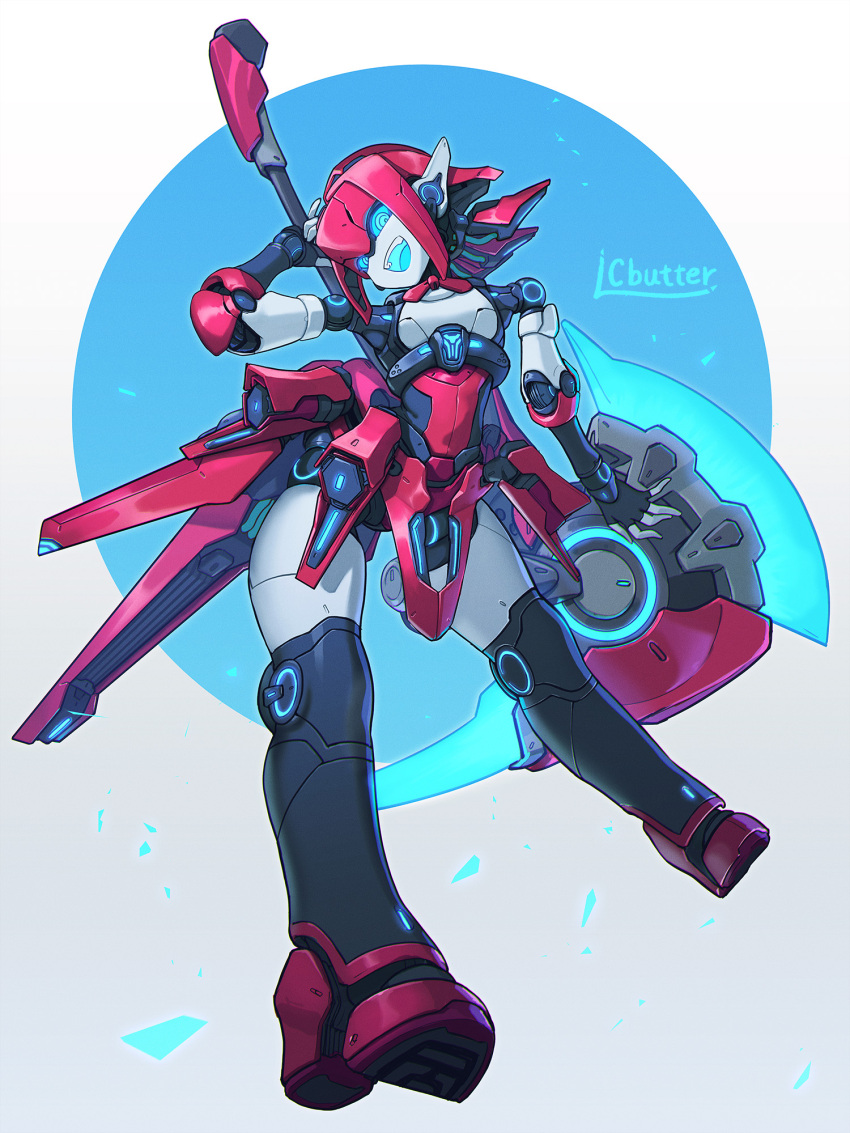 1girl axe batayu blue_eyes blue_mouth blue_sclera colored_sclera highres holding holding_axe huge_weapon joints looking_at_viewer open_mouth original robot_girl robot_joints signature solo teeth upper_teeth_only weapon