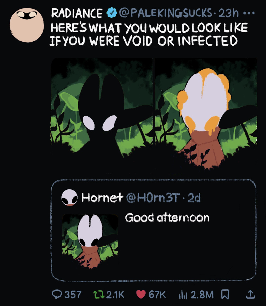 1girl alicezakat arthropod_girl black_eyes cloak english_text highres hollow_knight hornet_(hollow_knight) looking_at_viewer meme no_humans radiance_(hollow_knight) red_cloak tweet twitter white_eyes yellow_eyes