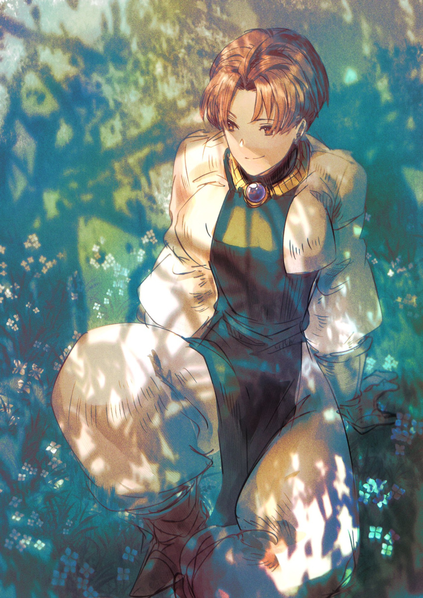 1boy ahoge black_eyes black_shirt brown_gloves brown_hair closed_mouth denim_powell flower full_body gloves grass highres jacket jewelry long_sleeves male_focus miyama_(lacrima01) necklace outdoors shirt short_hair smile solo tactics_ogre white_jacket
