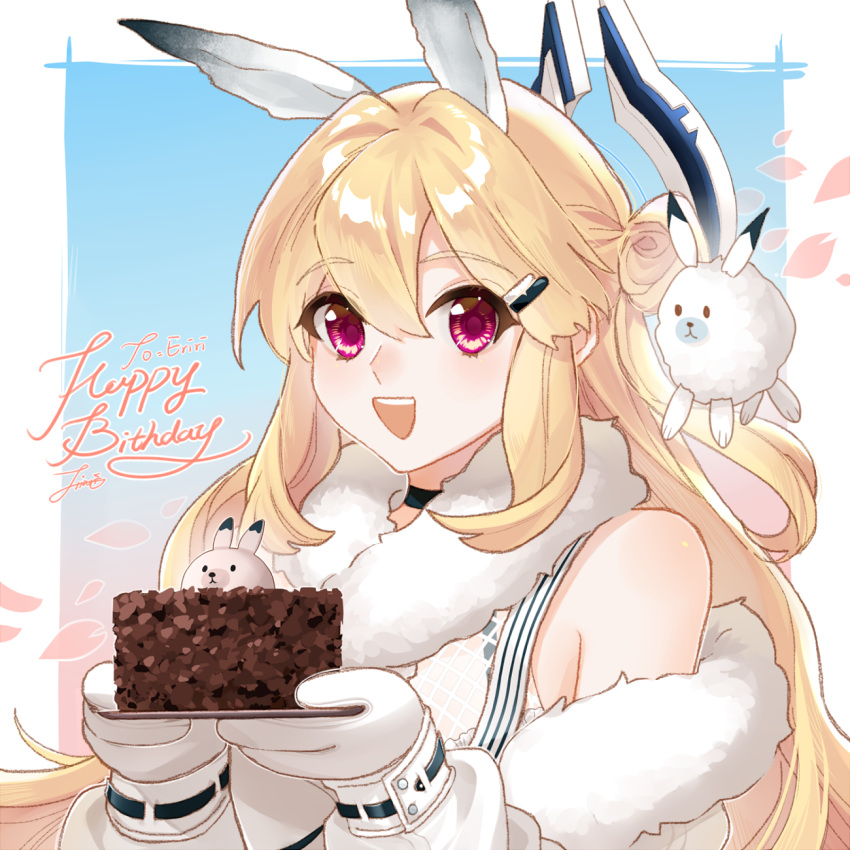 1girl :d animal-themed_food animal_ears blonde_hair blue_background blue_choker buttoned_cuffs cake character_name chocolate_cake choker double-parted_bangs echocalypse eriri_(echocalypse) falling_petals food forrrest67 frilled_shirt frills fur-trimmed_jacket fur_scarf fur_trim gloves gradient_background hair_between_eyes hair_bun hair_intakes hair_ornament hairclip half_updo halo happy_birthday highres holding holding_plate jacket long_hair looking_at_viewer mechanical_halo off_shoulder open_mouth petals pink_background plate rabbit rabbit_ears rabbit_girl red_eyes ribbon-trimmed_sleeves ribbon_trim scarf shirt sidelocks signature sleeveless sleeveless_shirt smile teeth upper_teeth_only white_gloves white_scarf white_shirt