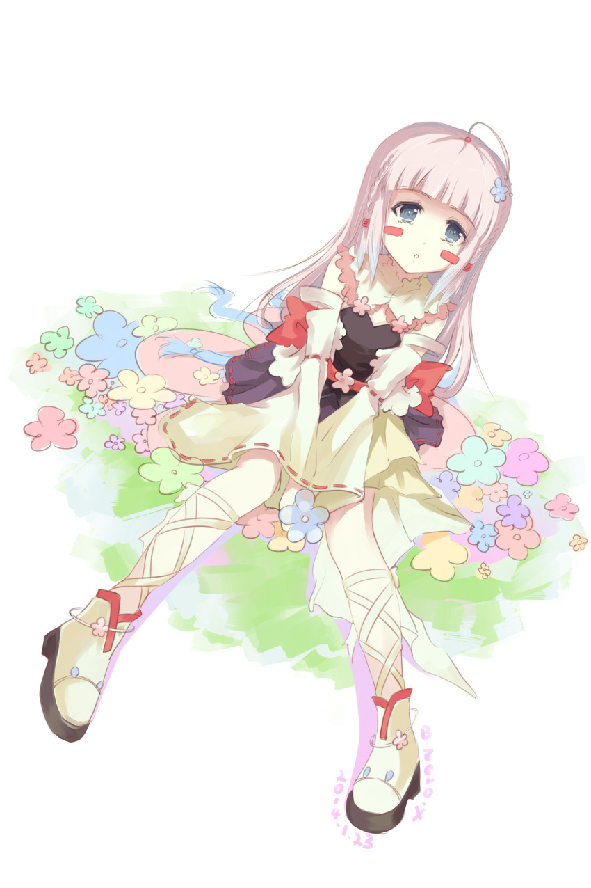 1girl 2014 absurdres ahoge between_legs black_dress blue_flower boots braid bzerox dated detached_sleeves dress flower frills grass green_flower grey_eyes hand_between_legs highres hime_cut holding holding_flower leg_ribbon long_hair looking_at_viewer on_grass original parted_lips red_flower ribbon ribbon-trimmed_sleeves ribbon_trim side_braids sitting solo tearing_up white_background white_hair white_sleeves