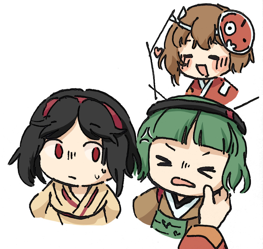 &gt;_&lt; 3others ametsukana_yago androgynous anger_vein baila_kuangzi black_hair black_headband brown_hair cheek_pinching chibi chinese_commentary closed_eyes closed_mouth commentary_request green_hair headband highres hyottoko_mask japanese_clothes kimono len'en long_sleeves mask mask_on_head multiple_others open_mouth other_focus pinching red_eyes red_kimono simple_background smile sweat taira_no_chouki taira_no_chouki_(living) taira_no_fumikado taira_no_fumikado_(human) white_background yellow_kimono