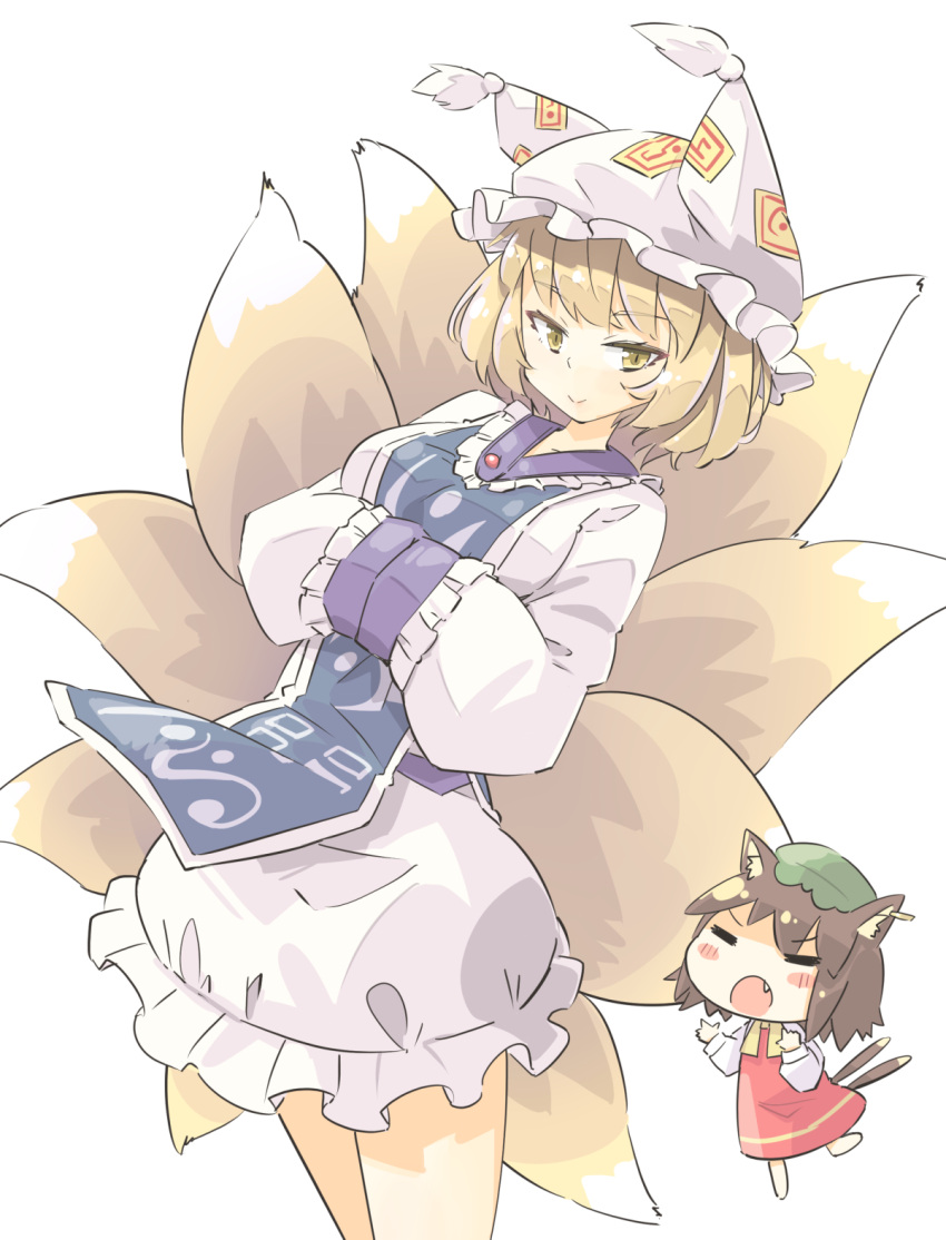 2girls :o =_= animal_ear_fluff animal_ear_piercing animal_ears arnest blonde_hair blue_tabard blush_stickers breasts brown_hair cat_ears cat_tail chen chibi closed_eyes closed_mouth commentary_request dress earrings fang feet_out_of_frame fox_tail frills full_body green_headwear hands_in_opposite_sleeves hands_up hat highres jewelry leaning_back light_blush long_sleeves medium_breasts mob_cap multiple_girls multiple_tails nekomata open_mouth red_dress short_hair simple_background single_earring smile standing standing_on_one_leg tabard tail touhou two_tails v-shaped_eyebrows white_background white_dress white_headwear yakumo_ran yellow_eyes