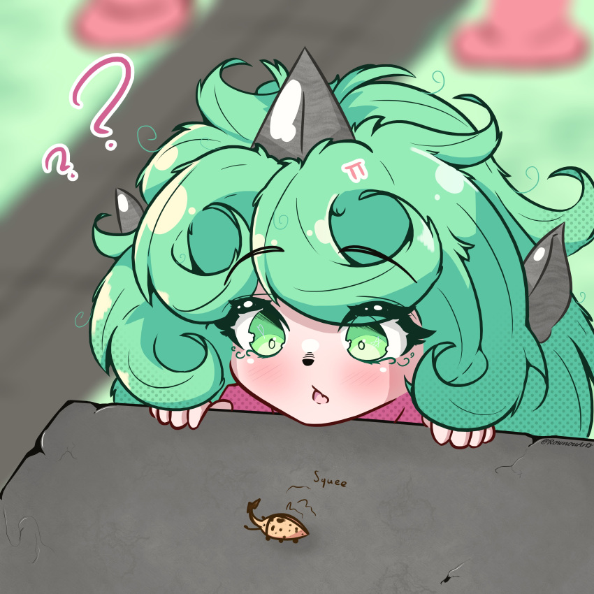 1girl ? ?? absurdres beetle blurry blurry_background blush bug commentary curly_hair english_commentary green_eyes green_hair highres horns komano_aunn open_mouth outdoors rownou single_horn solo touhou