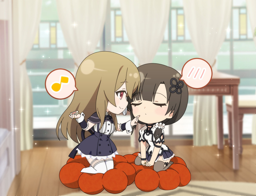 2girls applying_makeup arm_cutout arm_strap assault_lily black_capelet black_choker black_hair black_skirt blunt_bangs blurry blurry_background blush brown_hair brown_thighhighs capelet chair chibi choker closed_mouth clothing_cutout collared_shirt commentary_request cosmetics cushion day detached_sleeves eighth_note face-to-face facing_another flower_knot frilled_skirt frilled_sleeves frills hair_between_eyes hair_ornament hair_scrunchie hands_up high-waist_skirt highres holding indoors jewelry kneeling kuo_shenlin long_hair looking_at_another low_ponytail miniskirt multiple_girls musical_note no_shoes official_art pink_eyes pleated_skirt revision ring school_uniform scrunchie shirt short_sleeves side_ponytail side_slit sidelocks skirt smile sparkle spoken_blush spoken_musical_note suspender_skirt suspenders table tassel tassel_hair_ornament thigh-highs v_arms wang_yujia white_scrunchie white_shirt white_thighhighs window wooden_floor wristband yurigaoka_girls_academy_school_uniform