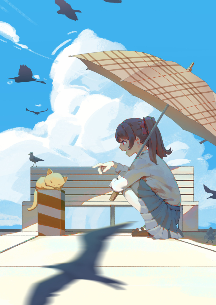 1girl absurdres bench bird black_bird black_hair blue_skirt blurry blurry_foreground breasts cat clouds cumulonimbus_cloud day flying highres holding holding_umbrella long_sleeves mary_janes motion_blur open_mouth original outdoors parasol plaid_umbrella pleated_skirt pointing ponytail profile red_eyes shadow shirt shoes skirt sky sleeping_animal solo suzi tile_floor tiles umbrella white_shirt yellow_cat