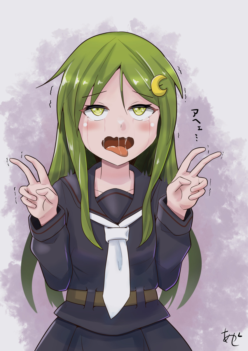 1girl ahegao akashieru artist_name black_sailor_collar black_serafuku black_shirt black_skirt commentary_request crescent crescent_hair_ornament curled_fingers drooling green_eyes green_hair hair_ornament highres kantai_collection long_hair looking_at_viewer nagatsuki_(kancolle) neckerchief one-hour_drawing_challenge open_mouth pleated_skirt sailor_collar saliva school_uniform serafuku shirt skirt solo upper_body white_neckerchief