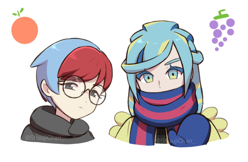 1boy 1girl blonde_hair blue_hair blue_mittens commentary eyebrows_hidden_by_hair food fruit glasses grapes grusha_(pokemon) mittens multicolored_hair orange_(fruit) penny_(pokemon) pokemon pokemon_sv redhead round_eyewear sara_bon scarf scarf_over_mouth short_hair twitter_username two-tone_hair winter_clothes