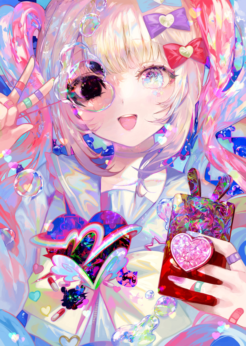 1girl :d absurdres ame-chan_(needy_girl_overdose) bandaid bandaid_on_hand black_eyes blonde_hair blue_background blue_eyes blue_hair blue_shirt blunt_bangs bow cellphone chouzetsusaikawa_tenshi-chan colorful countdown_illustration crying crying_with_eyes_open double_exposure hair_bow hands_up heart highres holding holding_phone holographic_clothing hyatsu korean_commentary long_hair long_sleeves looking_at_viewer mixed-language_commentary multicolored_hair nail_polish needy_girl_overdose official_art open_mouth phone pien_cat_(needy_girl_overdose) pill pink_bow pink_hair pink_nails purple_bow puzzle_piece quad_tails sailor_collar second-party_source shirt smartphone smartphone_case smile soap_bubbles solo tears upper_body w yellow_bow