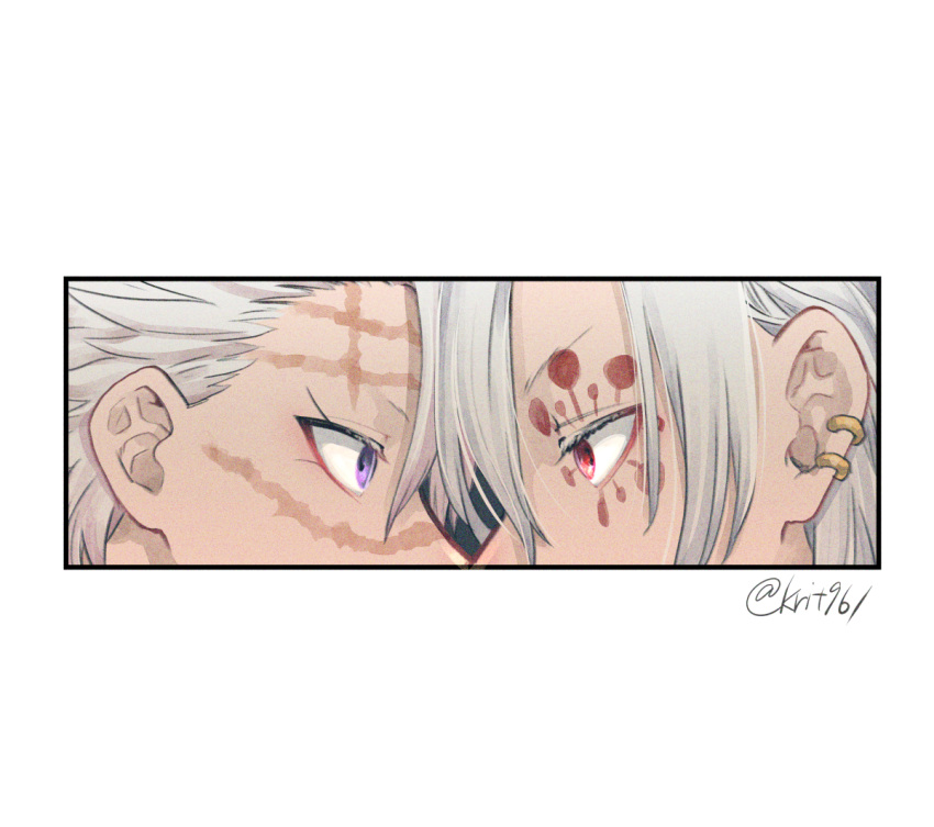 2boys close-up earrings eye_contact face-to-face facepaint grey_hair jewelry kimetsu_no_yaiba krit looking_at_another male_focus multiple_boys red_eyes scar scar_on_face scar_on_forehead scar_on_nose shinazugawa_sanemi short_hair twitter_username uzui_tengen violet_eyes