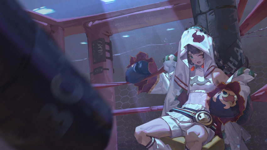 1girl ;o absurdres black_gloves blue_eyes blurry blurry_foreground boxing_gloves boxing_ring braid brown_hair championship_belt coat cropped_shirt feet_out_of_frame gloves highres indoors long_hair looking_ahead one_eye_closed punching_bag reverse:1999 robe shirt shorts single_bare_shoulder single_braid sitting sleeveless sleeveless_shirt socks solo spathodea_(reverse:1999) stomach towel towel_on_head white_coat white_shirt white_shorts white_socks zzzzzziyao