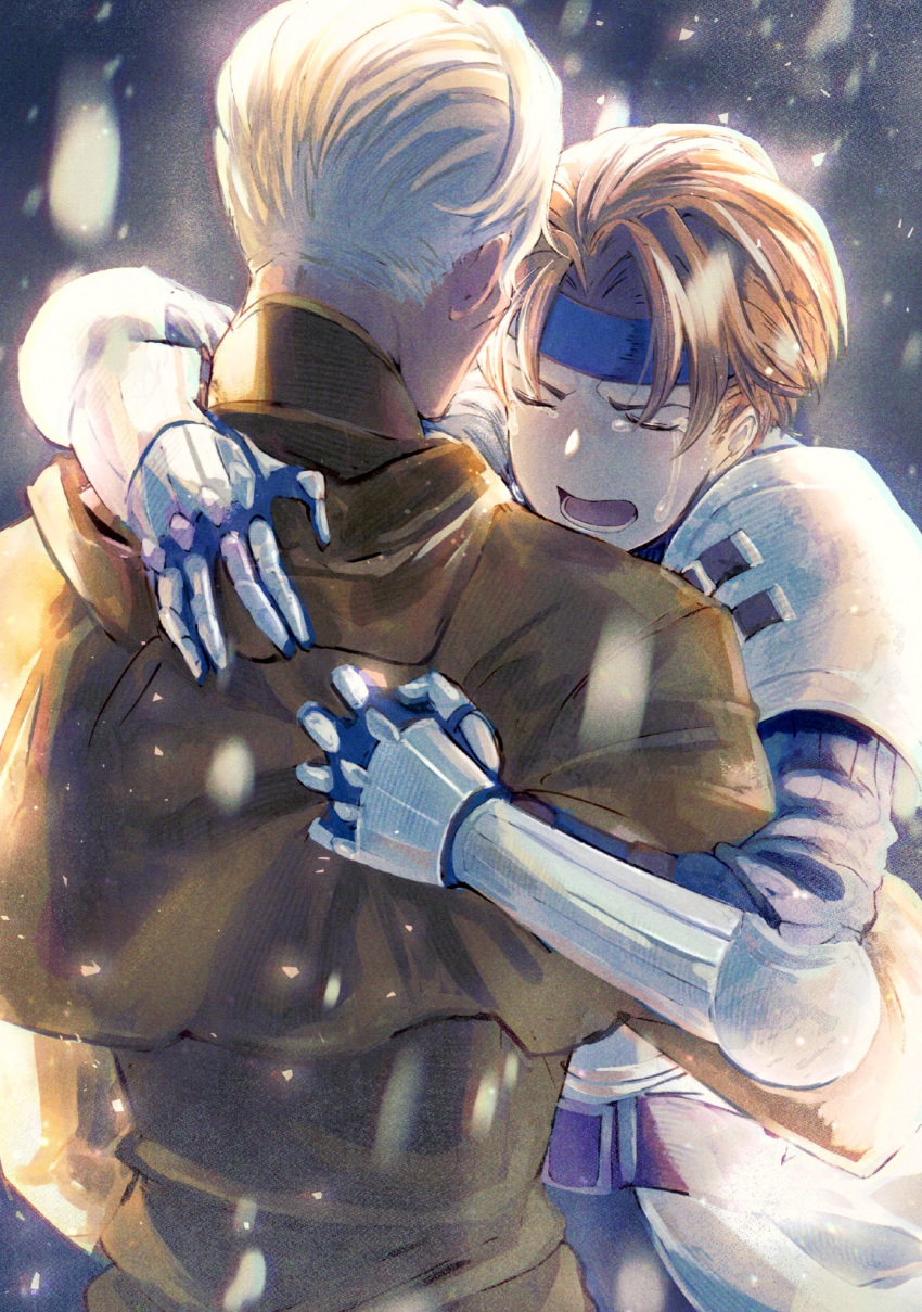 2boys armor belt brown_hair character_request crying denim_powell gloves headband highres hug male_focus miyama_(lacrima01) multiple_boys open_mouth short_hair signature simple_background snowing tactics_ogre white_hair