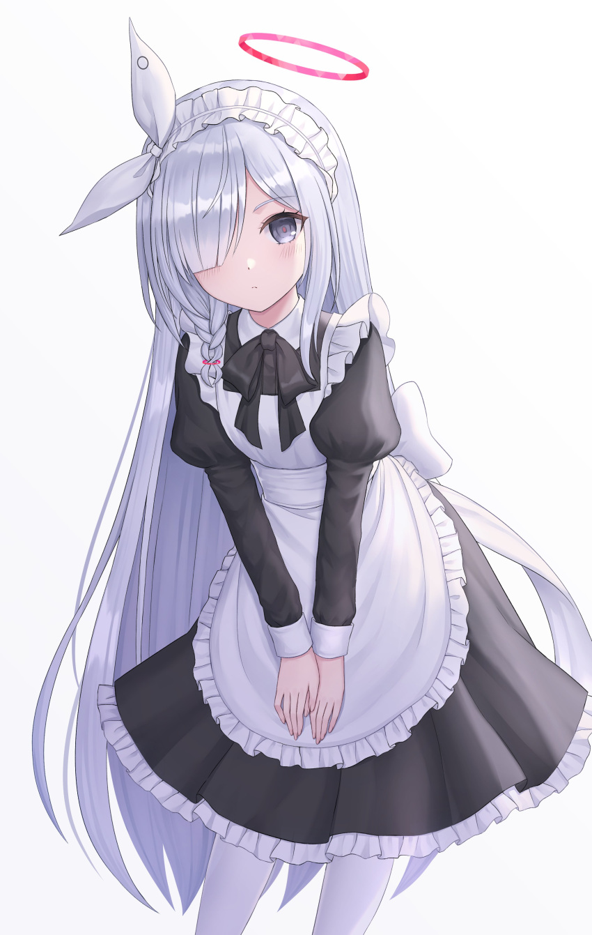 1girl absurdres alternate_costume apron back_bow black_dress black_eyes blue_archive bow braid dress enmaided frilled_dress frills grey_hair hair_over_one_eye halo highres long_hair long_sleeves looking_at_viewer maid maid_apron maid_headdress pantyhose plana_(blue_archive) red_pupils seungju_lee simple_background solo standing very_long_hair white_apron white_bow white_pantyhose
