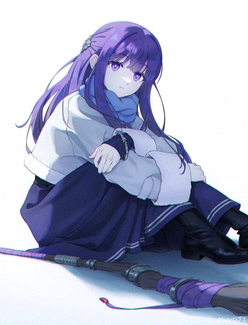 1girl artist_name black_footwear blue_scarf blunt_bangs boots bracelet coat commentary cropped crossed_arms dress english_commentary fern_(sousou_no_frieren) full_body fur-trimmed_sleeves fur_trim hair_ornament hands_on_own_legs highres jewelry light_frown long_hair long_sleeves looking_ahead mage_staff mwoji purple_dress purple_hair scarf sidelocks simple_background sitting solo sousou_no_frieren staff violet_eyes white_background white_coat