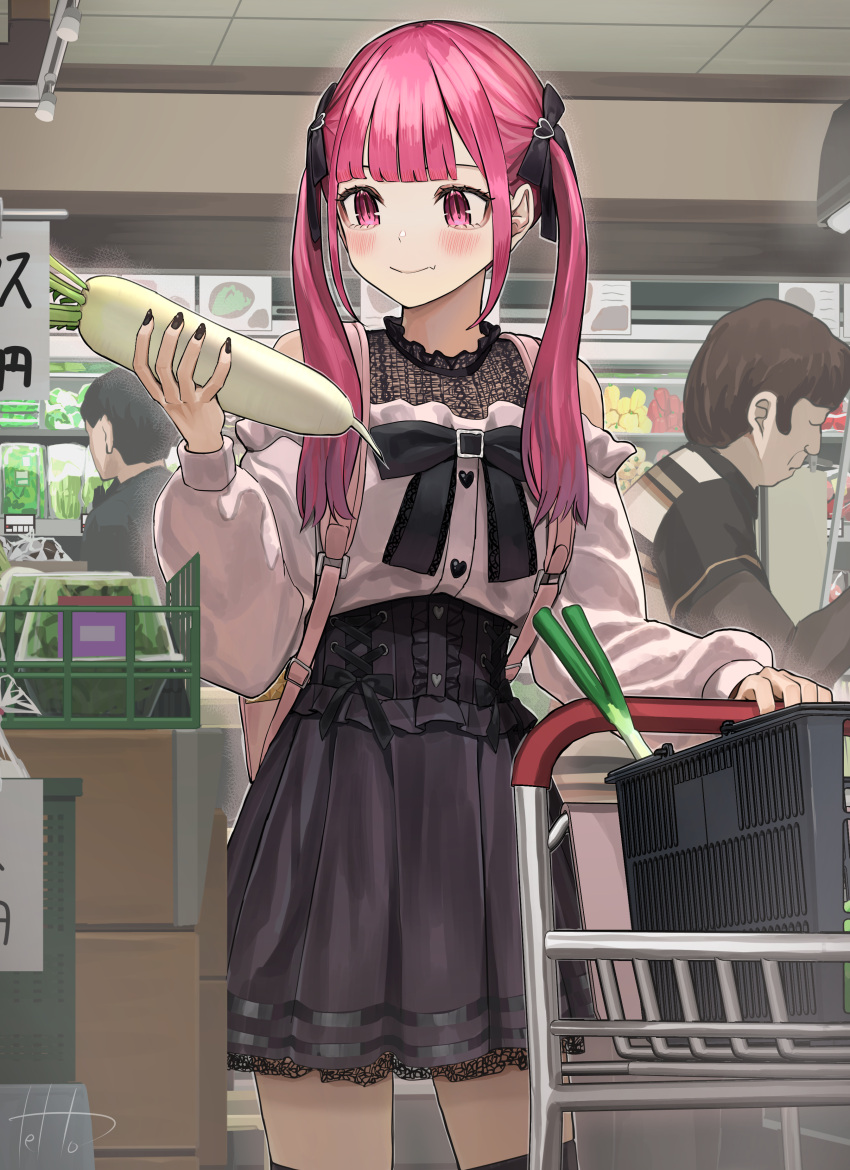1girl 2boys absurdres artist_name black_bow black_nails black_skirt black_thighhighs blush bow buttons closed_mouth fang fingernails food highres hinamizawa_hinami holding holding_food holding_vegetable indoors long_hair long_sleeves multiple_boys nail_polish original pink_eyes pink_hair pink_shirt pleated_skirt puffy_long_sleeves puffy_sleeves radish shirt shopping_cart signature skin_fang skirt spring_onion supermarket tetto_(onnoveltet) thigh-highs twintails vegetable