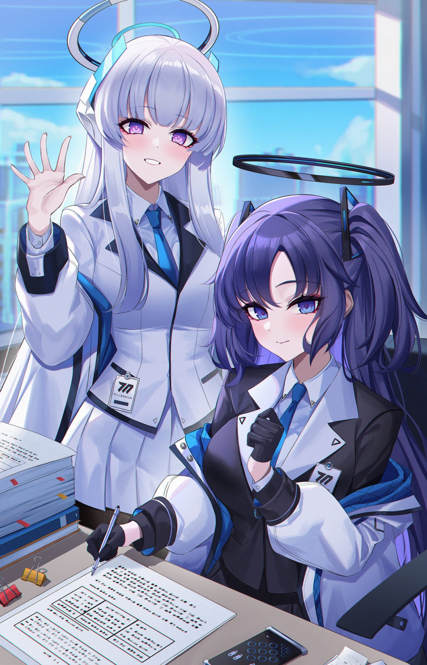 2girls absurdres black_gloves blue_archive blue_necktie blush breasts closed_mouth collared_shirt eternity_(shadeh) gloves grey_hair grin halo highres holding holding_pen indoors jacket large_breasts long_hair long_sleeves mechanical_halo multiple_girls necktie noa_(blue_archive) paper pen pleated_skirt purple_hair shirt skirt smile two-sided_fabric two-sided_jacket two_side_up violet_eyes white_jacket white_shirt white_skirt window yuuka_(blue_archive)