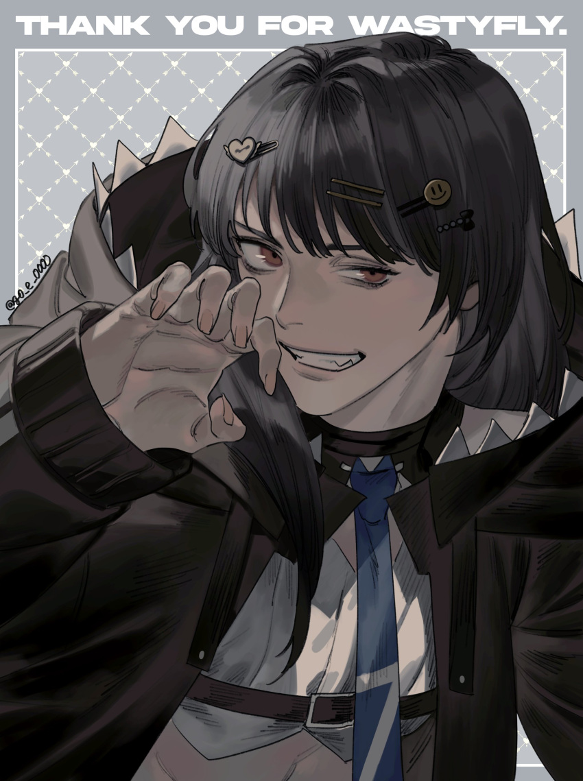 1boy absurdres androgynous animal_hood argyle argyle_background arrow_through_heart artist_name belt_buckle bishounen black_hair blue_necktie borrowed_character buckle chest_belt choppy_bangs claw_pose closed_mouth commission commissioner_name crop_top english_text eyeliner eyeshadow fangs fingernails genderswap genderswap_(ftm) girly_boy go_e_0000 grey_background grin hair_intakes hair_ornament hair_over_shoulder hairclip hand_up heart heart_hair_ornament highres hood hood_down hoodie long_fingernails long_hair long_sleeves looking_at_viewer makeup male_focus nail_polish necktie open_clothes open_hoodie original parted_hair parted_lips red_eyes shark_hood shirt single_bare_shoulder skeb_commission sleeveless sleeveless_shirt smile smiley_hair_ornament solo swept_bangs teeth thank_you uneven_eyes upper_body white_shirt