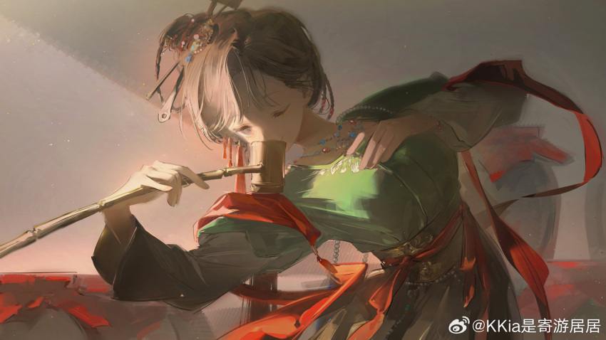 1girl ;) black_eyes black_hair chinese_clothes chinese_hairpin dipper drinking green_shirt hair_bun hair_ornament hands_up hanfu highres holding holding_spoon jewelry jiu_niangzi kkia layered_sleeves leaning_to_the_side long_hair long_sleeves looking_down necklace one_eye_closed red_shawl reverse:1999 shawl shirt short_over_long_sleeves short_sleeves sidelighting single_side_bun skirt smile solo spoon tassel tassel_hair_ornament upper_body weibo_logo weibo_username yellow_skirt