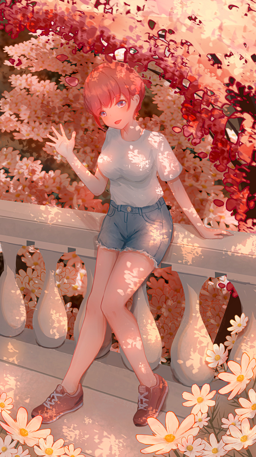 1girl absurdres against_fence arm_support autumn autumn_leaves blue_eyes breasts chamomile denim denim_shorts fence flower full_body go-toubun_no_hanayome highres lane_jiajun large_breasts looking_at_viewer nakano_ichika open_mouth outdoors pink_hair red_footwear shirt shoes short_hair shorts sneakers solo standing thighs waving white_shirt
