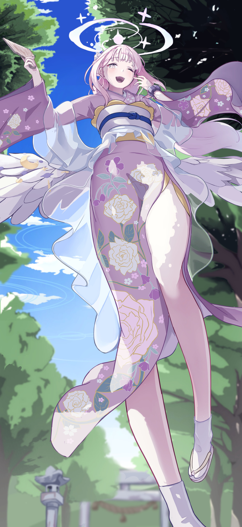 absurdres angel_wings arms_up blue_archive flower full_body furisode hair_flower hair_ornament halo hanetsuki highres japanese_clothes kimono la_la_la_rarmin leg_up mika_(blue_archive) new_year one_eye_closed open_mouth pelvic_curtain pink_eyes pink_hair pink_halo standing tiptoes wings
