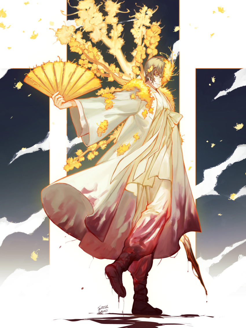 1boy black_hair blood blood_on_clothes branch closed_mouth coat e.g.o_(project_moon) flower folding_fan full_body hair_flower hair_ornament hand_fan highres holding holding_branch holding_fan limbus_company long_sleeves pants project_moon satome_setsuko solo white_coat white_hanbok white_pants wide_sleeves wings yellow_eyes yellow_flower yi_sang_(project_moon)