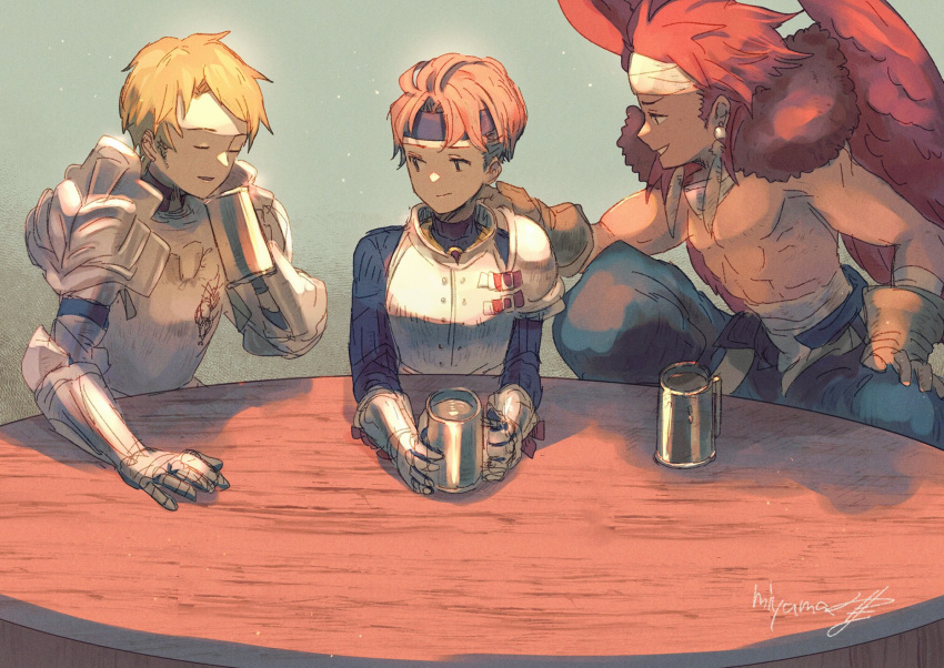 3boys armor brown_gloves brown_hair canopus_wolph character_request closed_mouth cup denim_powell feathered_wings gloves headband highres holding holding_cup male_focus miyama_(lacrima01) multiple_boys open_mouth redhead short_hair smile table tactics_ogre topless_male wings