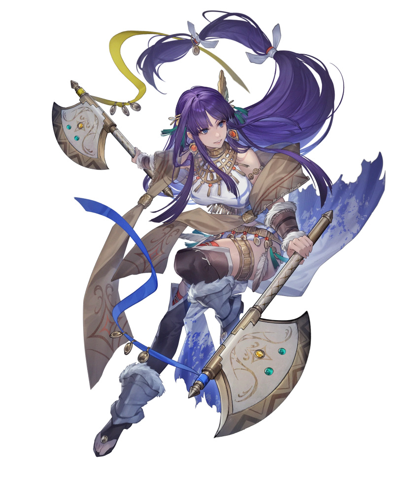 1girl akka altina_(fire_emblem) altina_(unrivaled_dawn)_(fire_emblem) attack axe bare_shoulders breasts clothing_cutout dual_wielding earrings fire_emblem fire_emblem:_radiant_dawn fire_emblem_heroes full_body hair_tie highres holding holding_axe jewelry large_breasts long_hair non-web_source official_alternate_costume official_art pelvic_curtain purple_hair smile solo very_long_hair violet_eyes