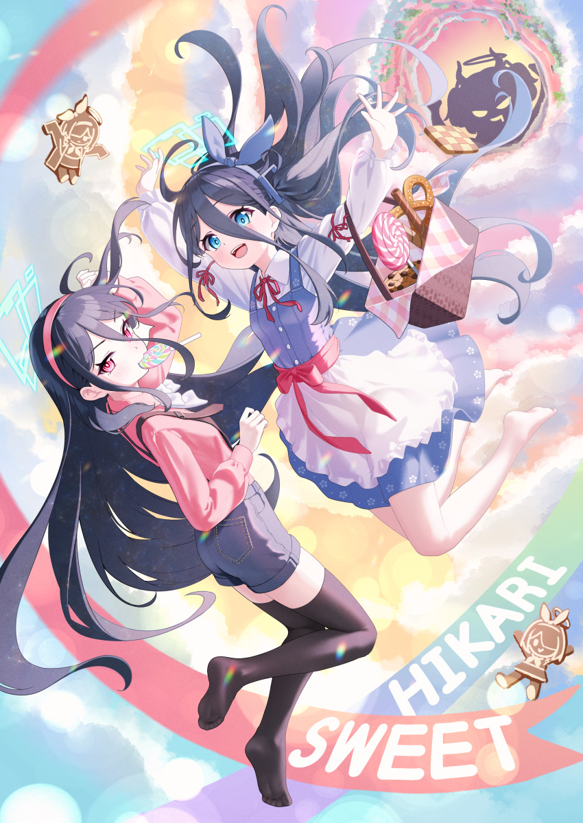 &lt;key&gt;_(blue_archive) 2girls absurdly_long_hair absurdres ahoge apron aris_(blue_archive) arona_(blue_archive) barefoot basket black_hair black_shorts black_thighhighs blue_archive blue_dress blue_eyes blue_hairband blue_halo blush candy collared_shirt commentary cookie dress food frilled_apron frills gingerbread_man hairband halo highres lollipop long_hair long_sleeves mouth_hold multiple_girls open_mouth pinafore_dress pink_hairband pink_shirt plana_(blue_archive) red_eyes revision ringed_eyes shirt shorts sleeveless sleeveless_dress smile supersugar thigh-highs very_long_hair white_apron white_shirt yuuka_(blue_archive)