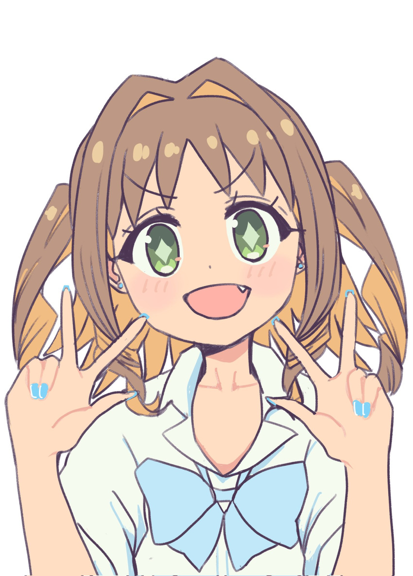 1girl :d alternate_costume alternate_hair_length alternate_hairstyle blue_bow blue_bowtie blue_nails bow bowtie brown_hair colored_inner_hair commentary diamond-shaped_pupils diamond_(shape) dot_nose double_w earrings fang green_eyes gyaru hair_intakes highres jewelry kogal light_blush long_hair looking_at_viewer multicolored_hair nail_polish oka_asahi onii-chan_wa_oshimai! open_mouth orange_hair portrait shirt simple_background smile solo stud_earrings symbol-shaped_pupils tama_go two-tone_hair two_side_up v-shaped_eyebrows w white_background white_shirt wing_collar